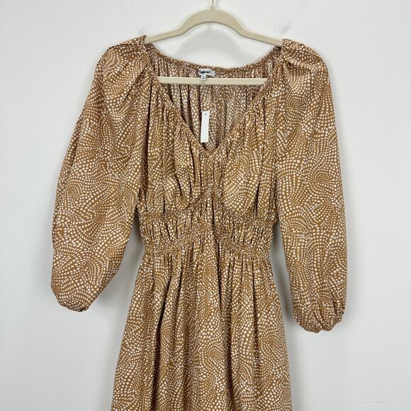 Madewell V Neck Balloon Sleeve Maxi Dress Spiral Dot Tan Smocked Boho US 00 NWT - Picture 9 of 16